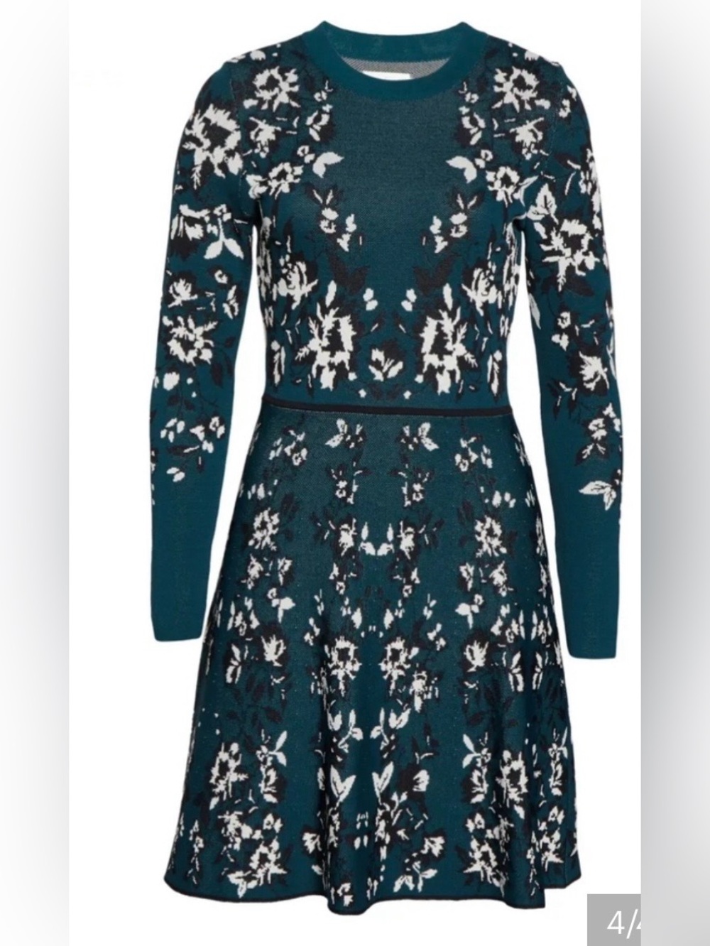 Eliza J Teal and White Floral Long Sleeve Fit-and-Flare Dress